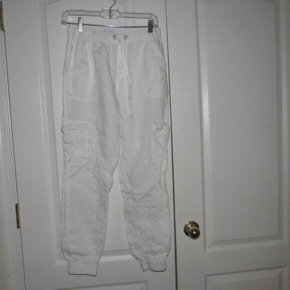 NICOLE MILLER White 100% Linen Pull-On Cargo Jogger White Pants Size Small - Picture 2 of 7